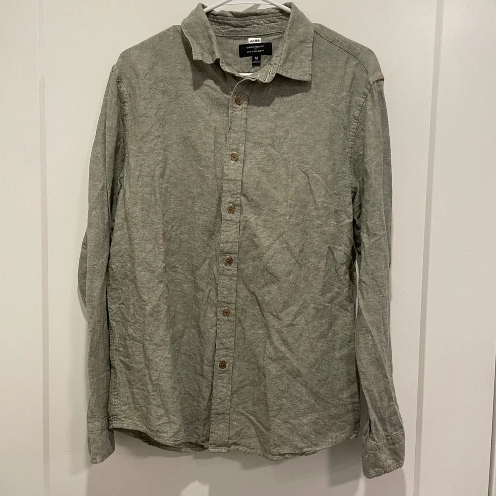 Banana Republic Mens Slim Linen-Blend Button Down Shirt Olive Green Medium M